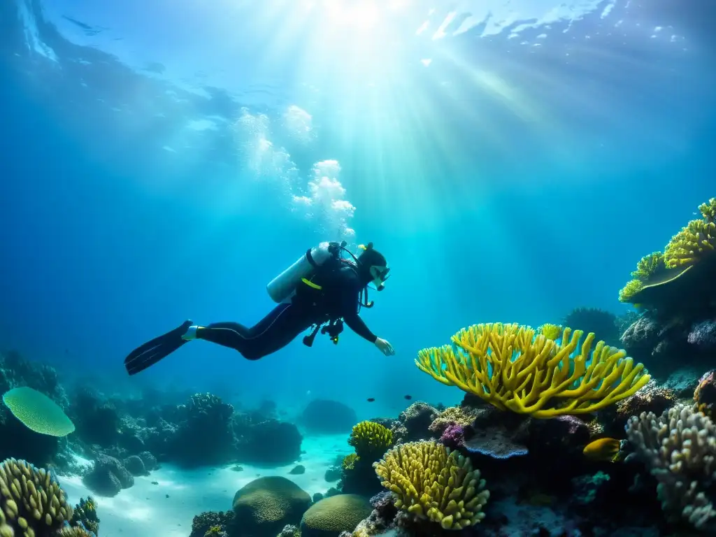 Exploración tranquila de un arrecife de coral vibrante por un buceador, transmitiendo técnicas de visualización para buceo