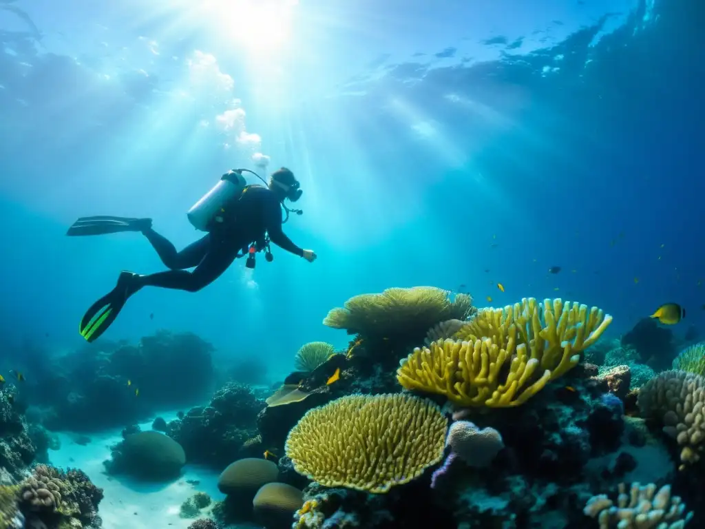 Exploración tranquila de un arrecife de coral vibrante con el Sistema de buceo sin tanque AirBuddy, en un escenario sereno y cautivador bajo el agua