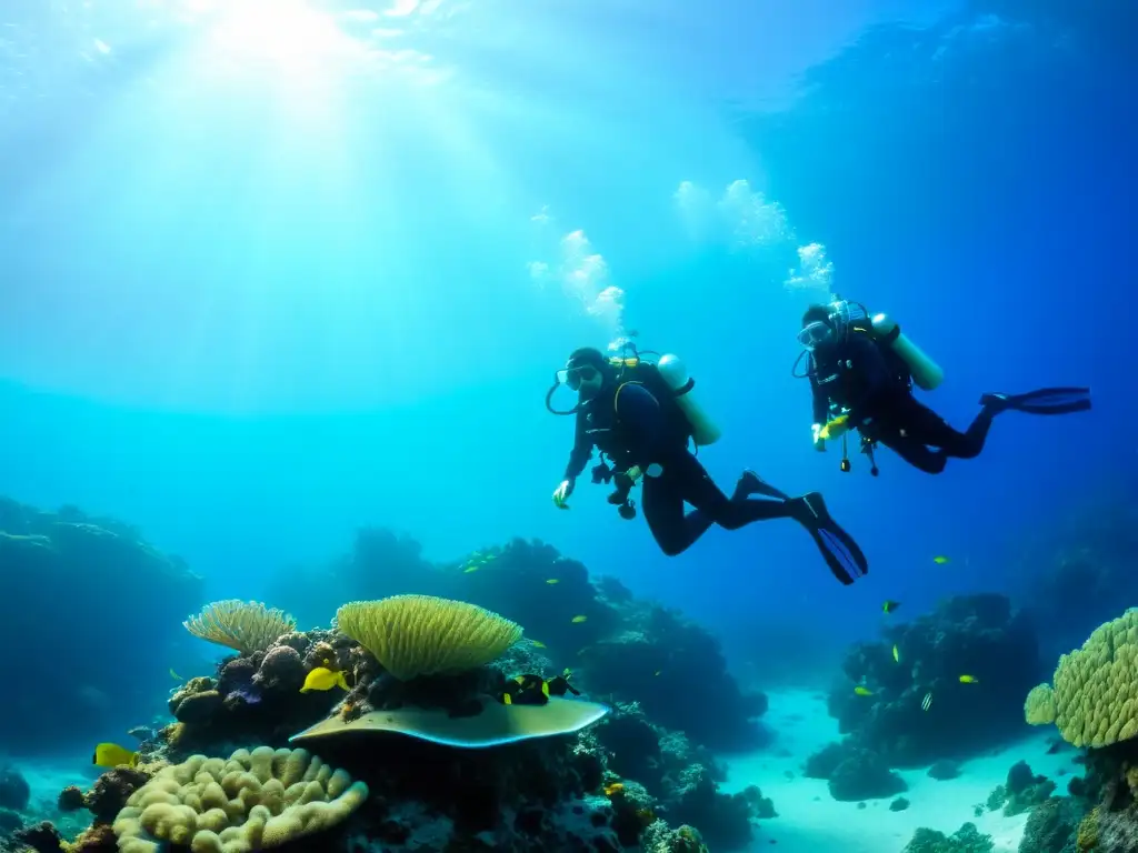 Exploración tranquila con sistemas de rebreather en arrecife de coral, rodeados de peces tropicales