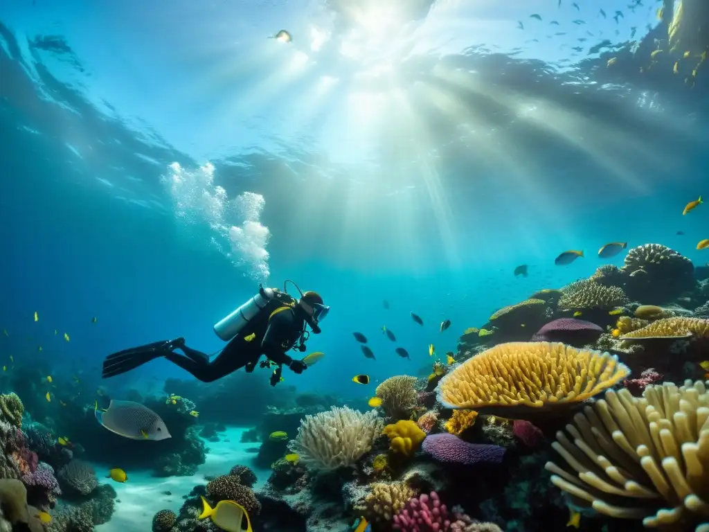 Exploración de un vibrante arrecife de coral en el buceo profundo en vida marina, rodeado de colorida fauna marina y plantas marinas ondulantes