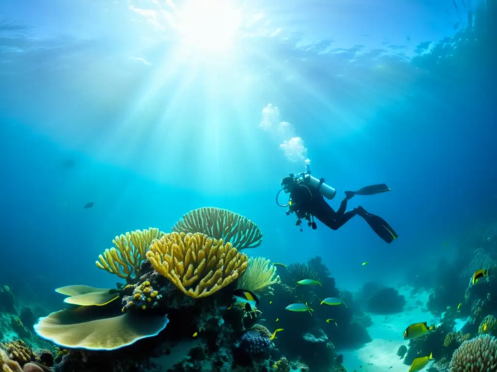 Exploración de un vibrante arrecife de coral por buceadores, crea una escena de aventura y fitness personalizado para buceadores