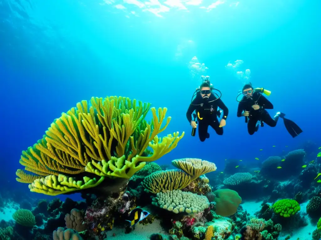 Exploración de coral vibrante por buceadores con certificación de buceo con Nitrox, rodeados de colorida vida marina en aguas cristalinas