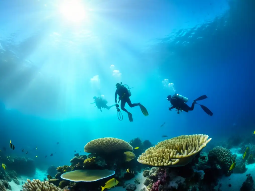 Exploración de coral vibrante en 8k, con buzos rodeados de peces tropicales, destaca la importancia de la medicina hiperbárica para buceo