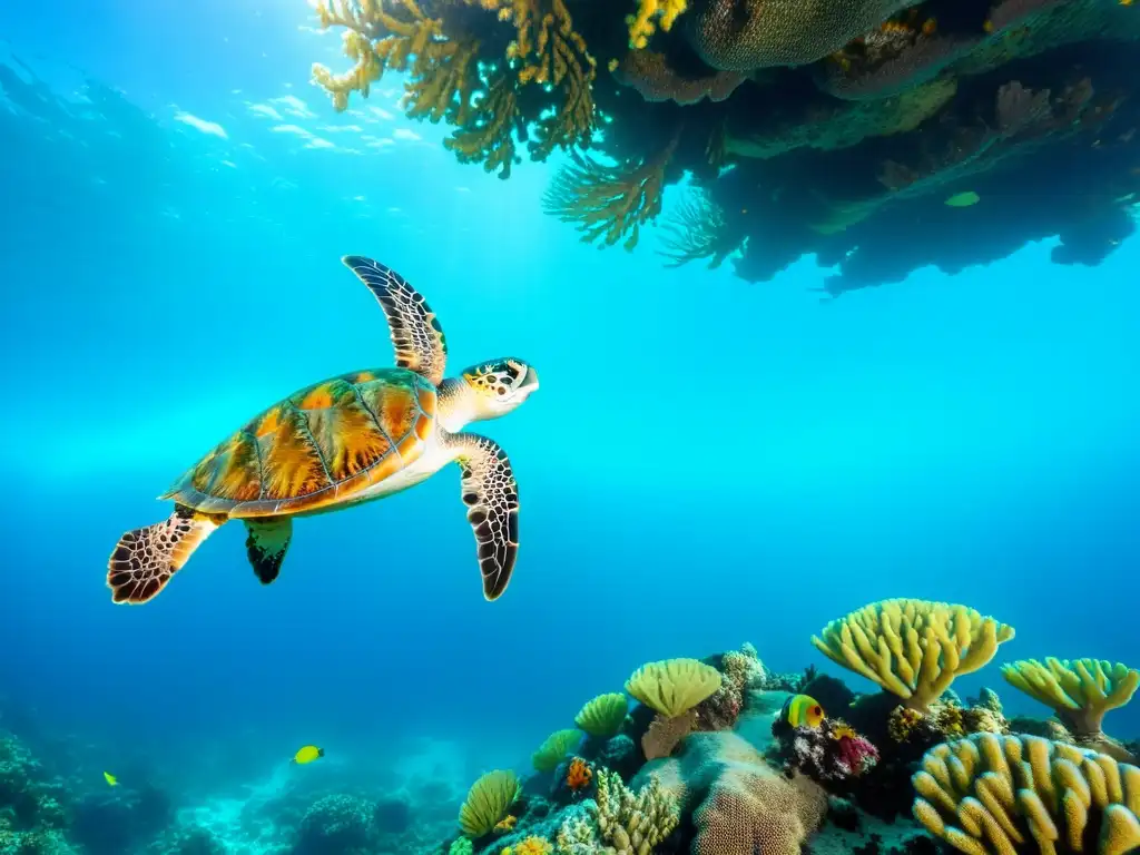 Exploración de la vibrante vida marina en el Mar de Cortés: arrecife de coral colorido y animales marinos bajo el cálido resplandor dorado del sol