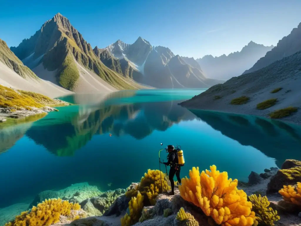 Exploración de vida marina en lagos elevados: un buzo explora un paisaje submarino rodeado de picos montañosos majestuosos