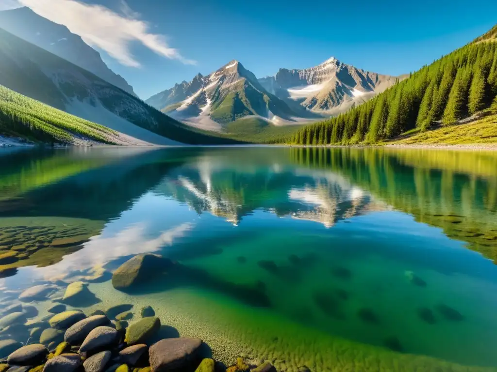 Exploración de la vida marina en lagos elevados: sereno lago de montaña con vida acuática y majestuosas montañas nevadas reflejadas en la superficie