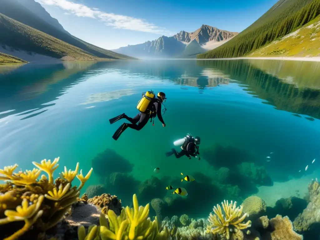 Exploración de vida marina en lagos elevados: Buceadores asombrados exploran un lago de montaña, rodeados de flora y fauna acuática vibrante