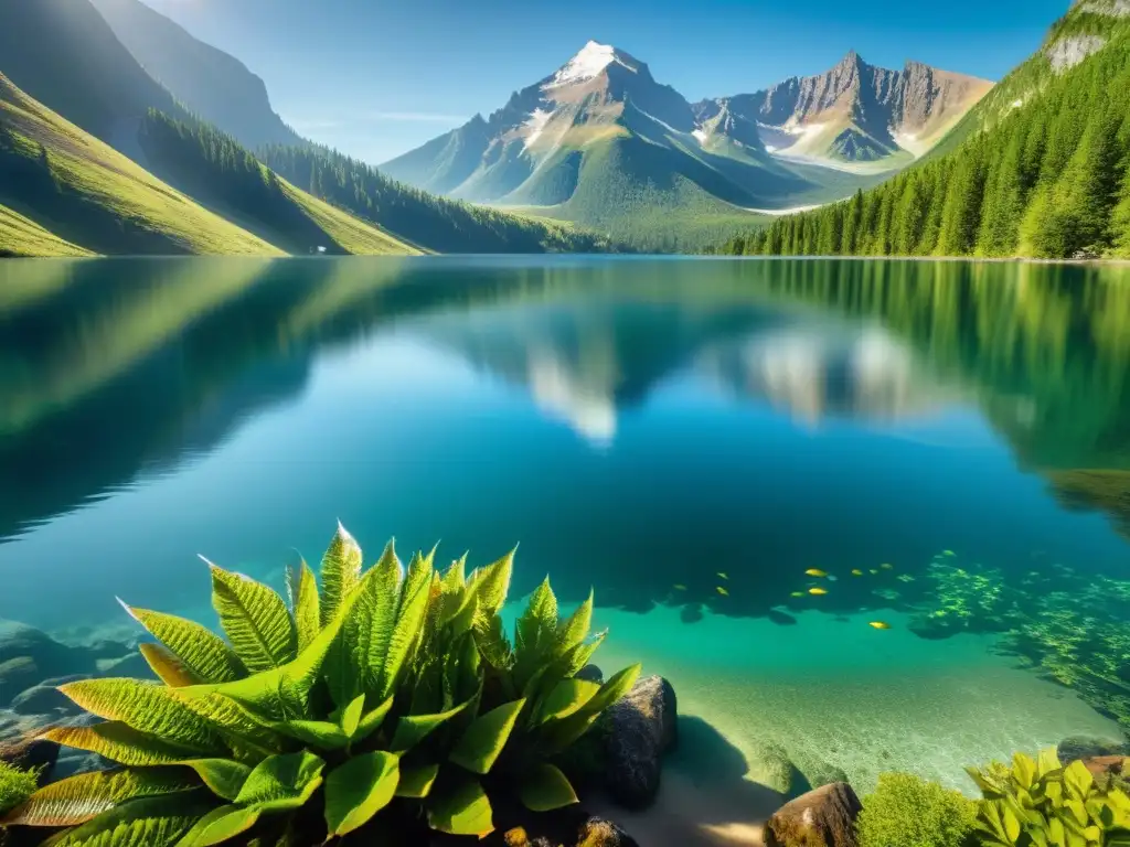 Exploración de la vida marina en lagos elevados: majestuoso lago de montaña con plantas acuáticas vibrantes y peces coloridos bajo la luz del sol