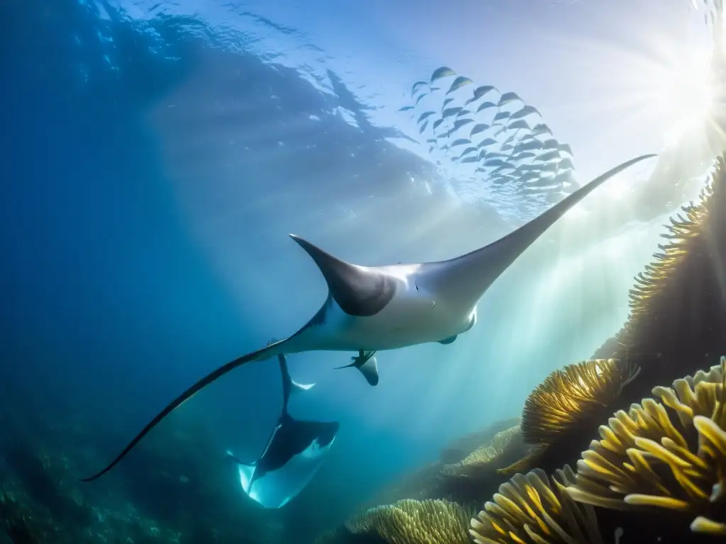 Exploración de la vida marina en el Mar Weddell: Un mundo submarino vibrante con peces iridiscentes, corales coloridos y una majestuosa raya manta