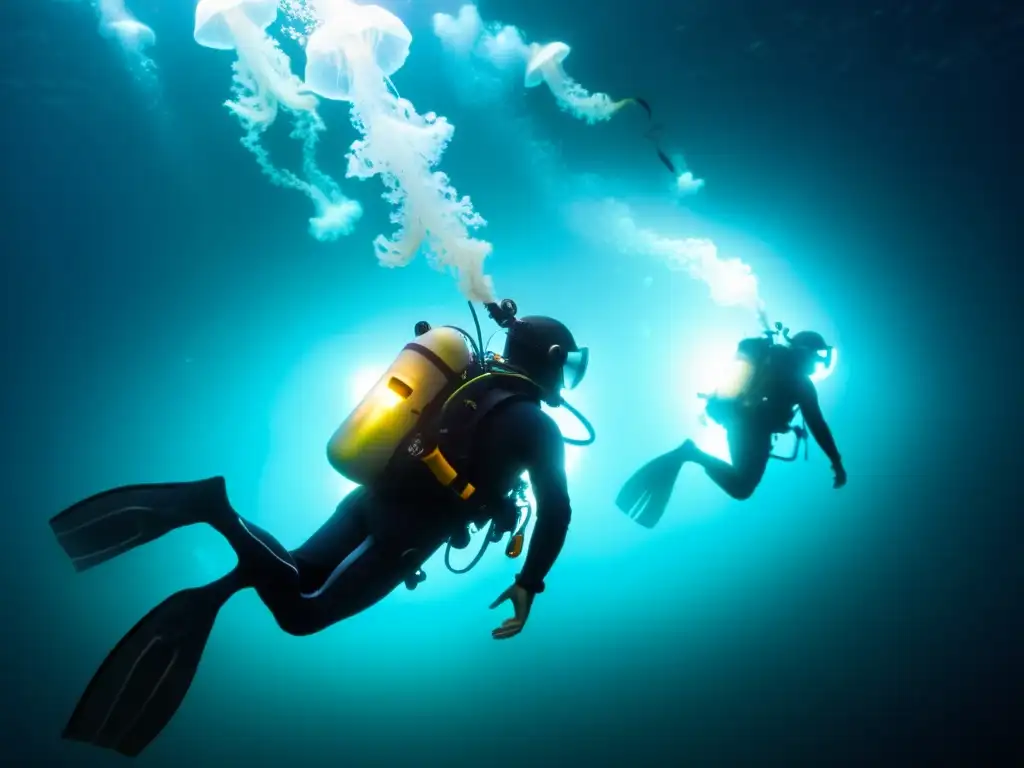 Exploración submarina en la oscuridad abisal Exploración de vida marina en las profundidades abisales con equipo especial y criaturas bioluminiscentes