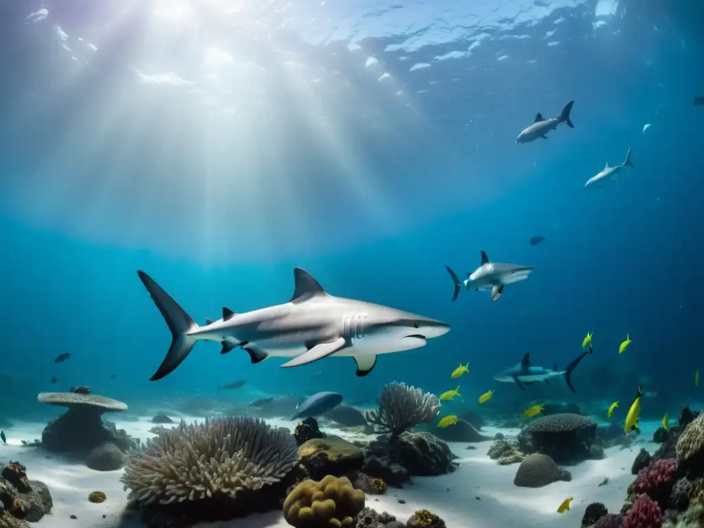 Exploraciones recientes hábitat tiburones aguas profundas: Imagen 8k detallada muestra ecosistema vibrante y tiburones en paisaje marino profundo