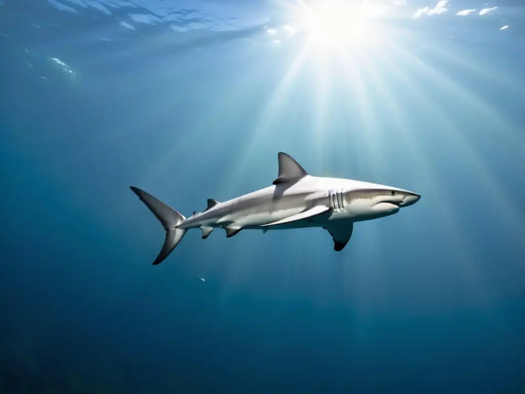 Exploraciones recientes hábitat tiburones aguas profundas: Majestuosos tiburones surcando las profundidades oceánicas entre rayos de sol filtrados