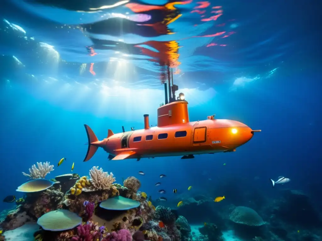 Exploración submarina: Alvin y su mundo marino Exploraciones submarinas vida marina: El submarino Alvin navega entre peces coloridos y formaciones de coral en un mundo submarino iluminado
