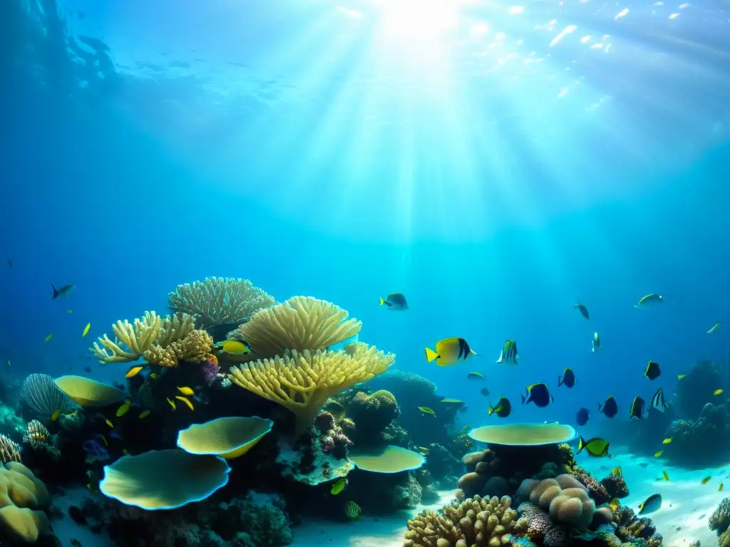 Maravilloso arrecife de coral con peces vibrantes Exploraciones submarinas vida marina: un vibrante arrecife de coral repleto de peces y vida marina, iluminado por rayos de sol
