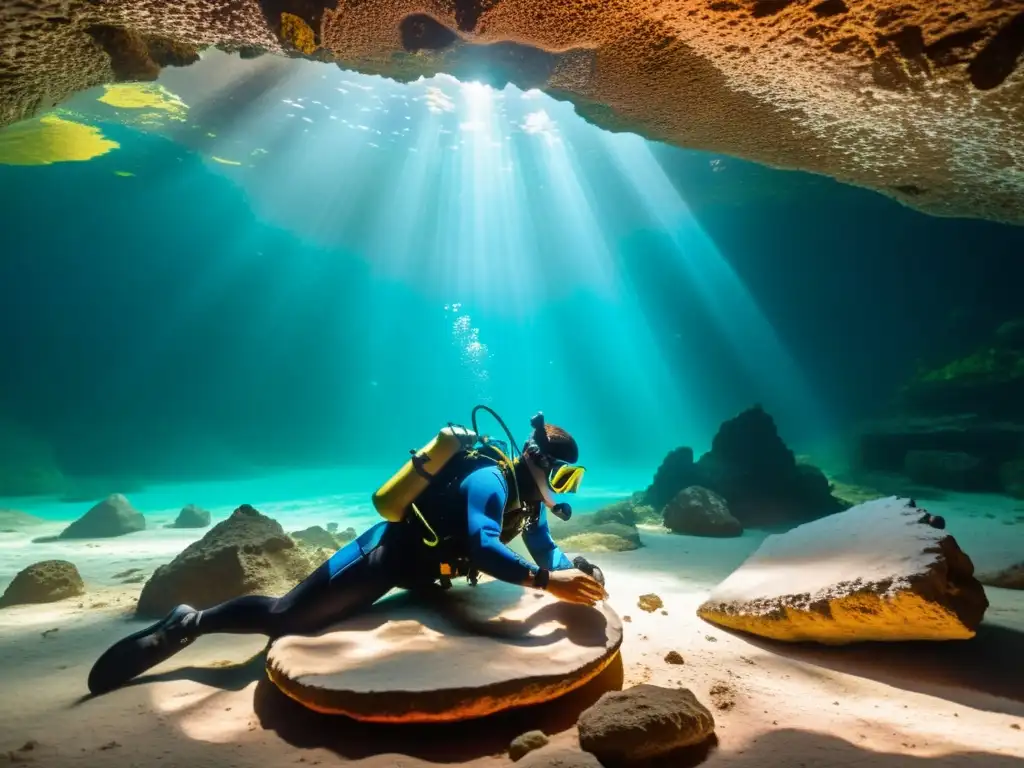 Explorador ilumina antigua cerámica maya en cenote, mostrando restos históricos naufragios cenotes bajo el agua cristalina