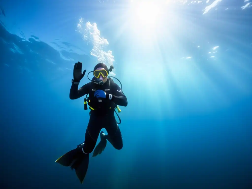 Explorador polar con equipos de buceo para expediciones polares, sumergido en aguas cristalinas y heladas, creando una imagen etérea y fascinante