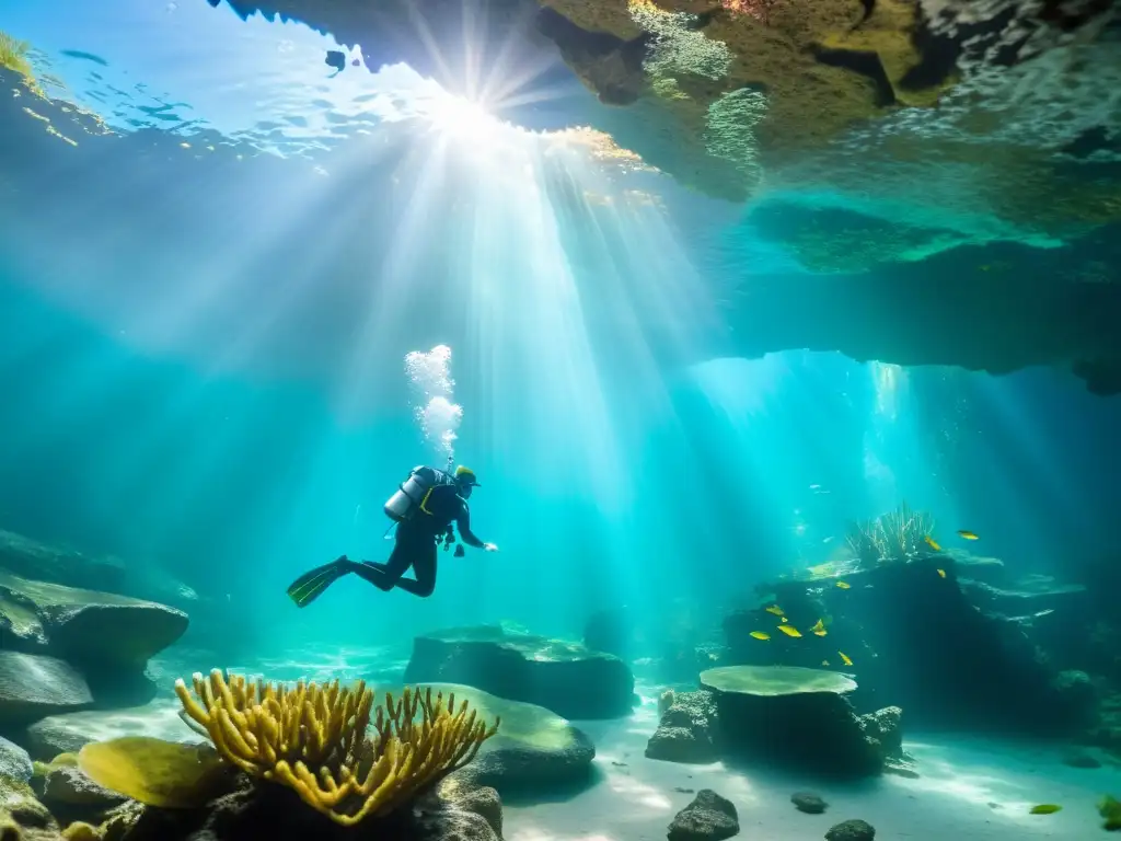 Explorador submarino en cenote: maravillas acuáticas entre formaciones de piedra caliza y aguas turquesas cristalinas