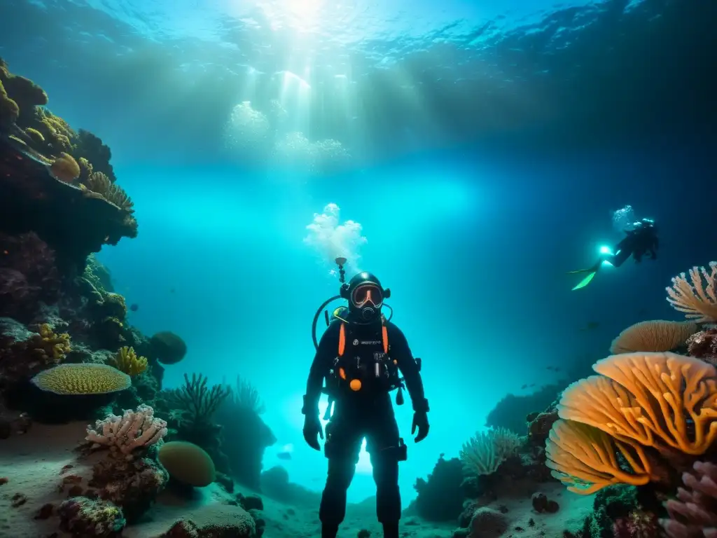 Explorador submarino rodeado de bioluminiscentes, en un paisaje marino misterioso