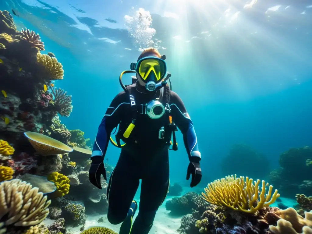 Explorador submarino con traje de buceo de vanguardia, resaltando avances tecnológicos en trajes de buceo en un arrecife de coral vibrante