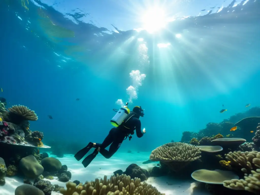 Un explorador bucea sin tanque AirBuddy en un vibrante mundo marino tropical