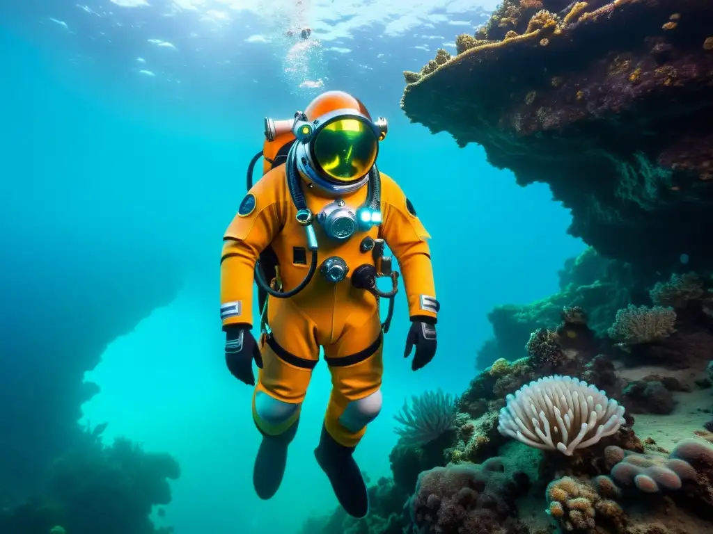 Explorador con traje submarino de innovaciones técnicas, iluminado por bioluminiscencia en un paisaje acuático fascinante