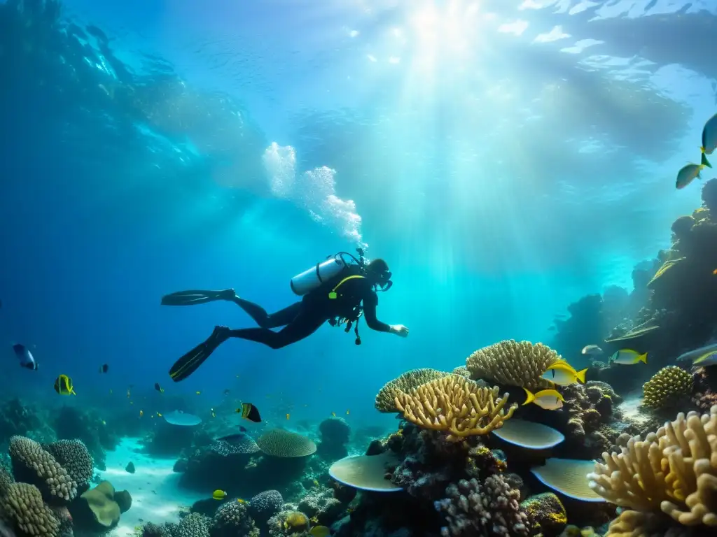 Explorador buceando en vibrante arrecife de coral con peces coloridos y vida marina