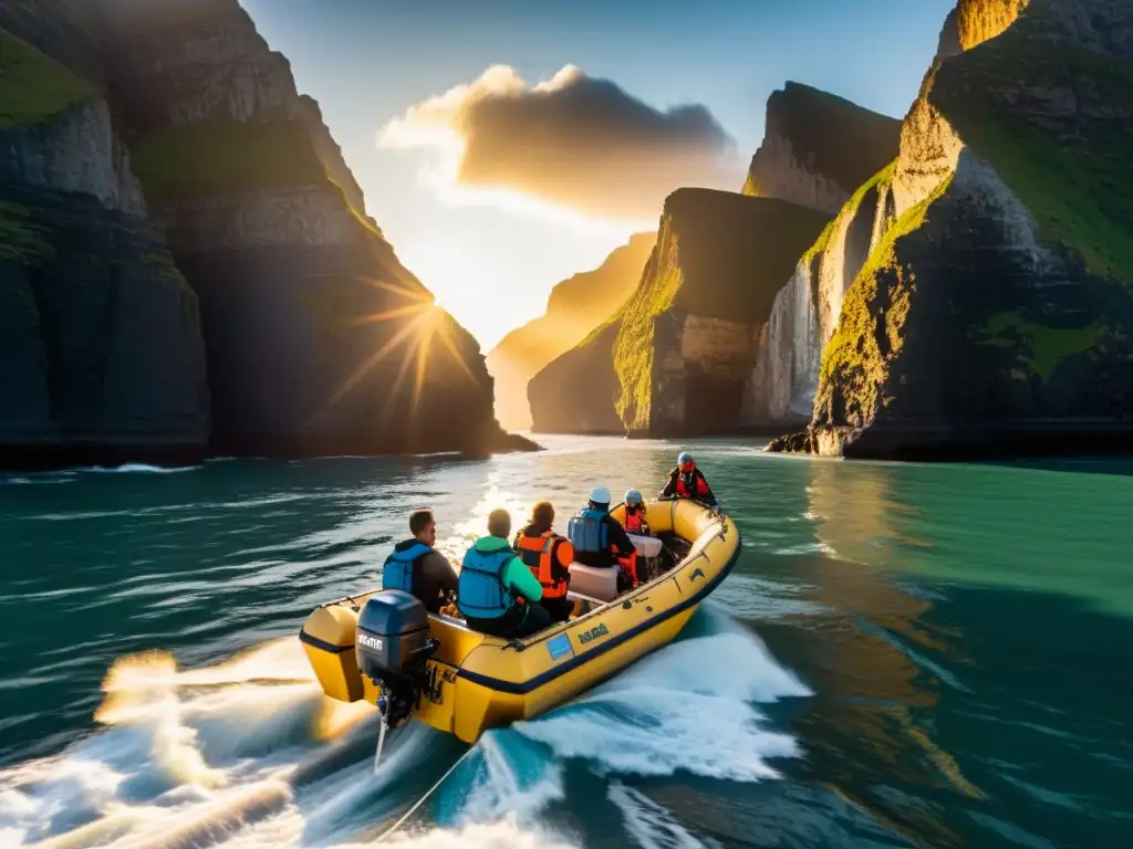 Expedición costera al atardecer: trabajo en equipo y belleza natural Exploradores navegando una costa escarpada al atardecer, con el equipo de navegación avanzado