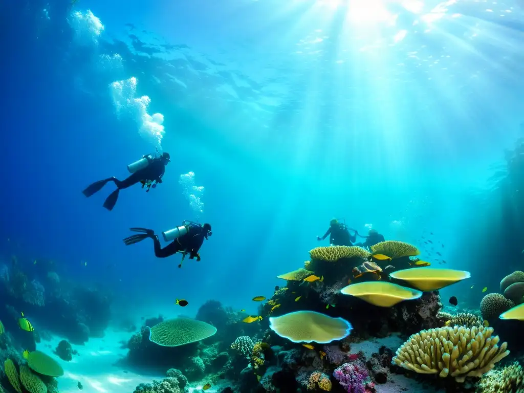 Exploradores marinos se sumergen en un arrecife de coral vibrante, rodeados de vida marina colorida y asombrosa