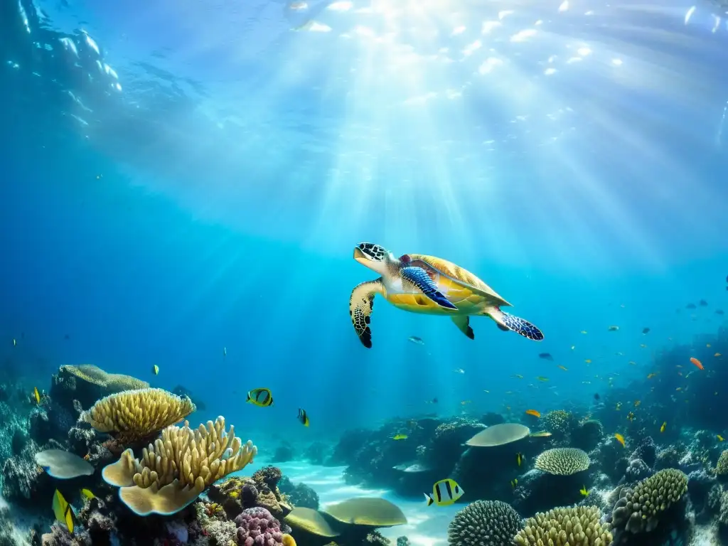 Exploradores marinos biografías inspiradoras: Fotografía submarina impresionante de un vibrante arrecife de coral y vida marina en un vasto océano