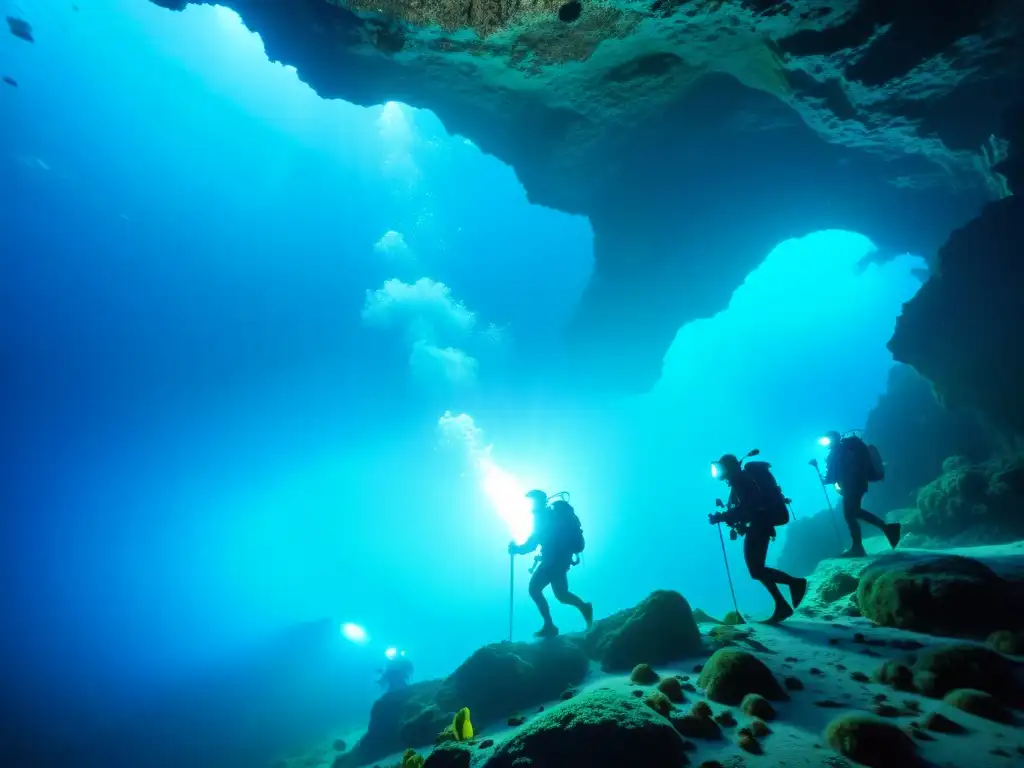 Exploradores submarinos en una cueva bioluminiscente, iluminados por sus antorchas, transmitiendo historias heroicas