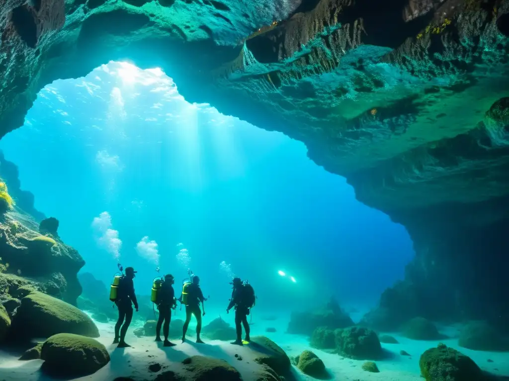 Exploradores submarinos iluminados por la bioluminiscencia, explorando cuevas marinas