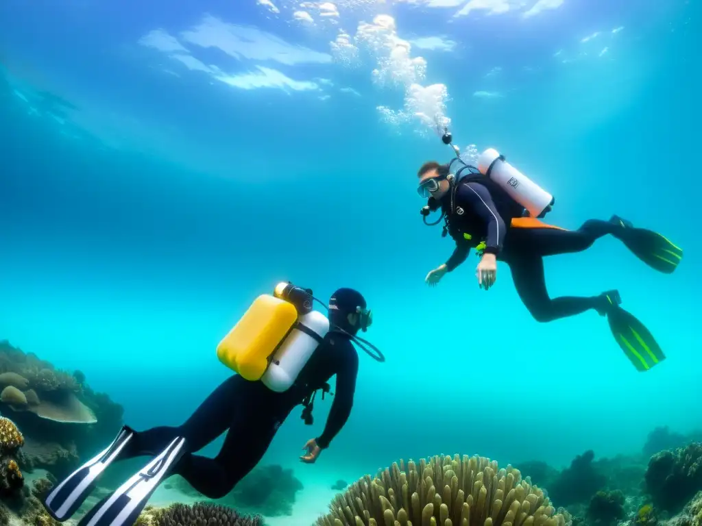 Exploradores submarinos disfrutan de la libertad y agilidad de los nuevos materiales chalecos compensadores en un vibrante arrecife de coral