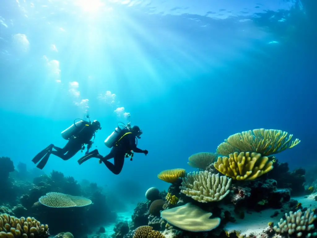 Exploradores submarinos admirando el vibrante arrecife de coral, con la luz del sol creando patrones fascinantes a través del agua cristalina