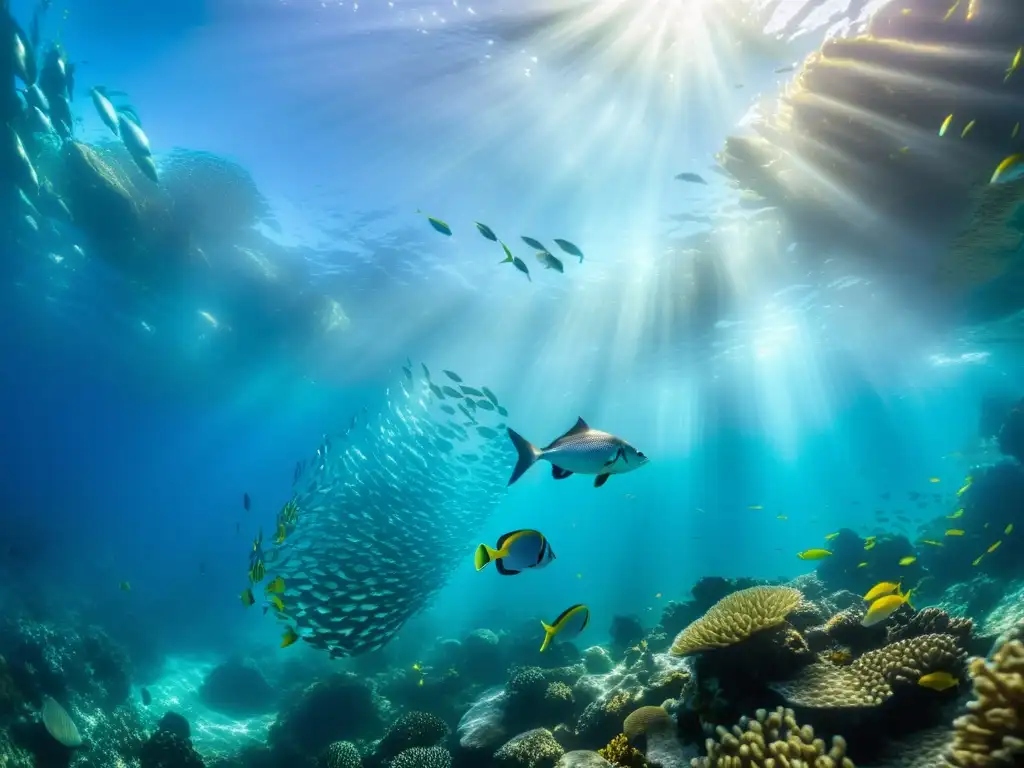 Una explosión de color y movimiento en un arrecife de coral, capturando la vitalidad marina