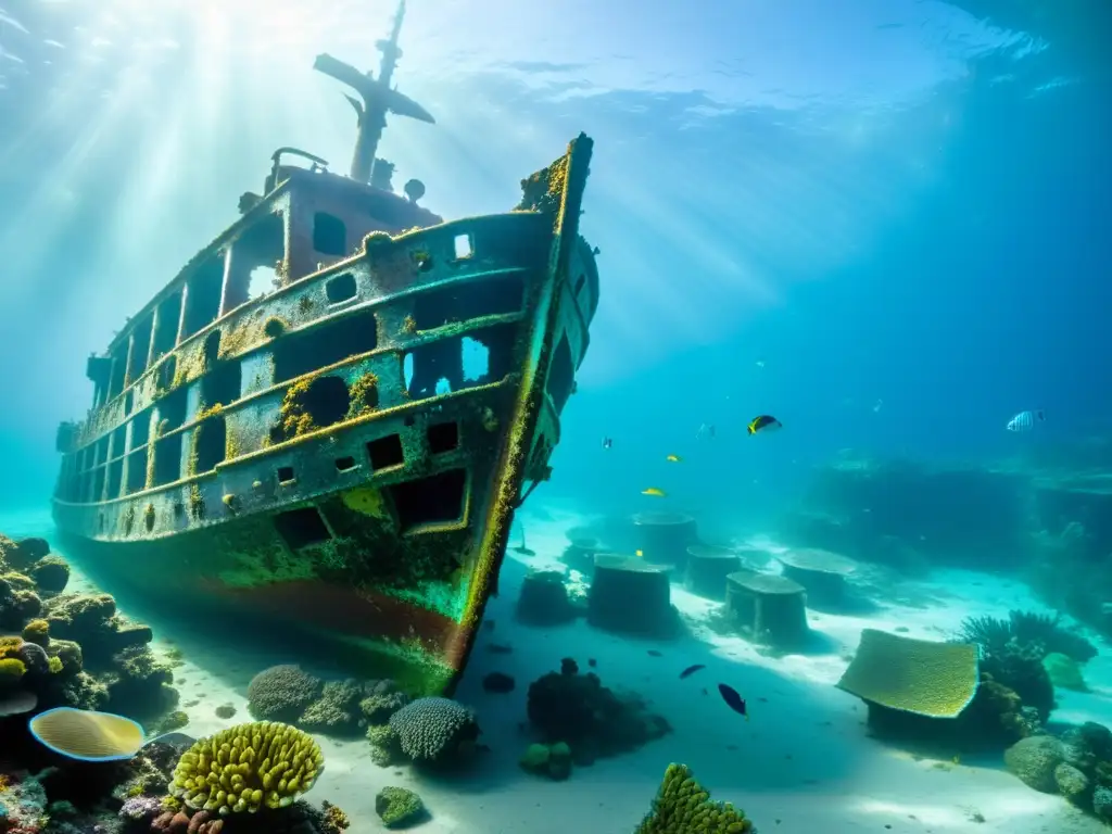 Exposiciones arqueología marina fascinantes: Fotografía submarina de un naufragio antiguo cubierto de coral, con peces de colores y rayos de luz