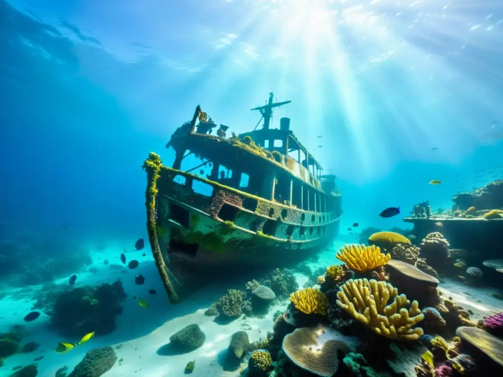 Exposiciones arqueología marina fascinantes: Fotografía subacuática de un barco hundido rodeado de arrecifes de coral vibrantes y peces coloridos