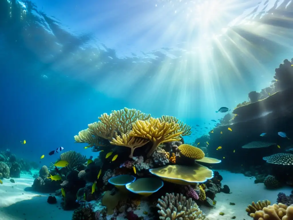 Exposiciones de arte submarino creativo: Fotografía impresionante de un vibrante arrecife de coral bajo el agua, con peces coloridos y vida marina