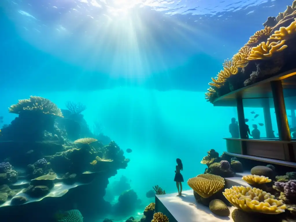 Exposiciones de arte submarino creativo: esculturas delicadas en armonía con el vibrante paisaje de coral, creando una galería de arte bajo el mar