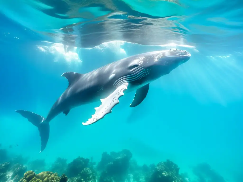 Exposiciones de ballenas marinas: Majestuosa ballena jorobada surcando aguas turquesas, creando un escenario de belleza y serenidad