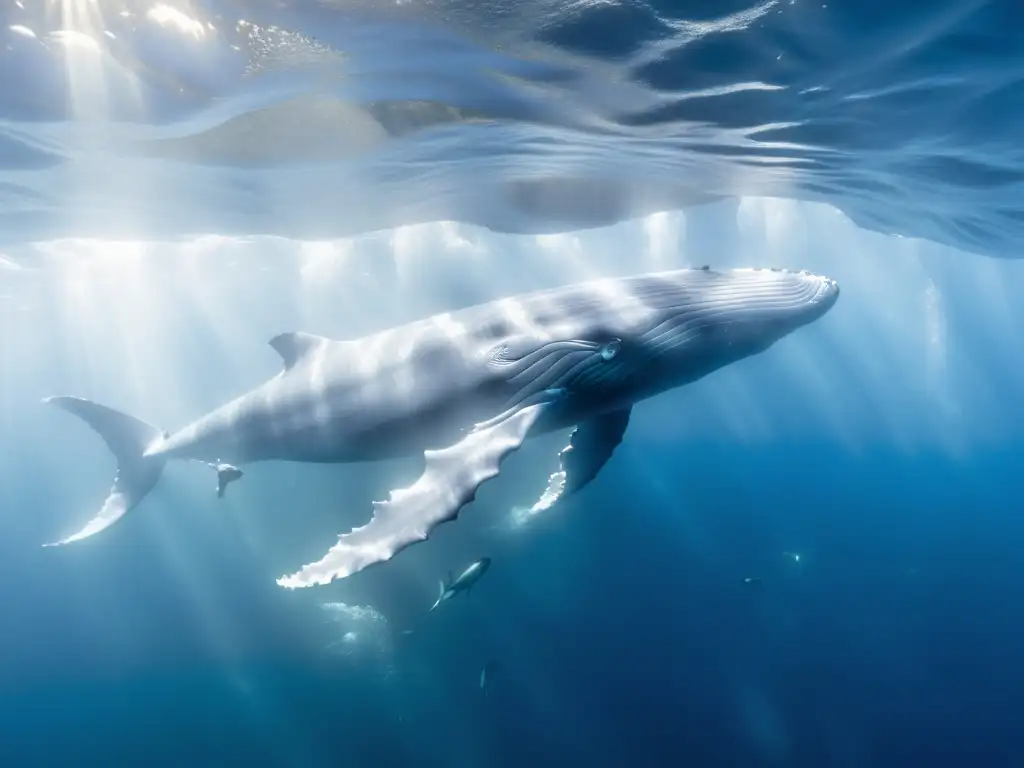 Exposiciones de ballenas marinas: majestuosa ballena azul nadando entre peces plateados en el océano, bañada por la luz solar