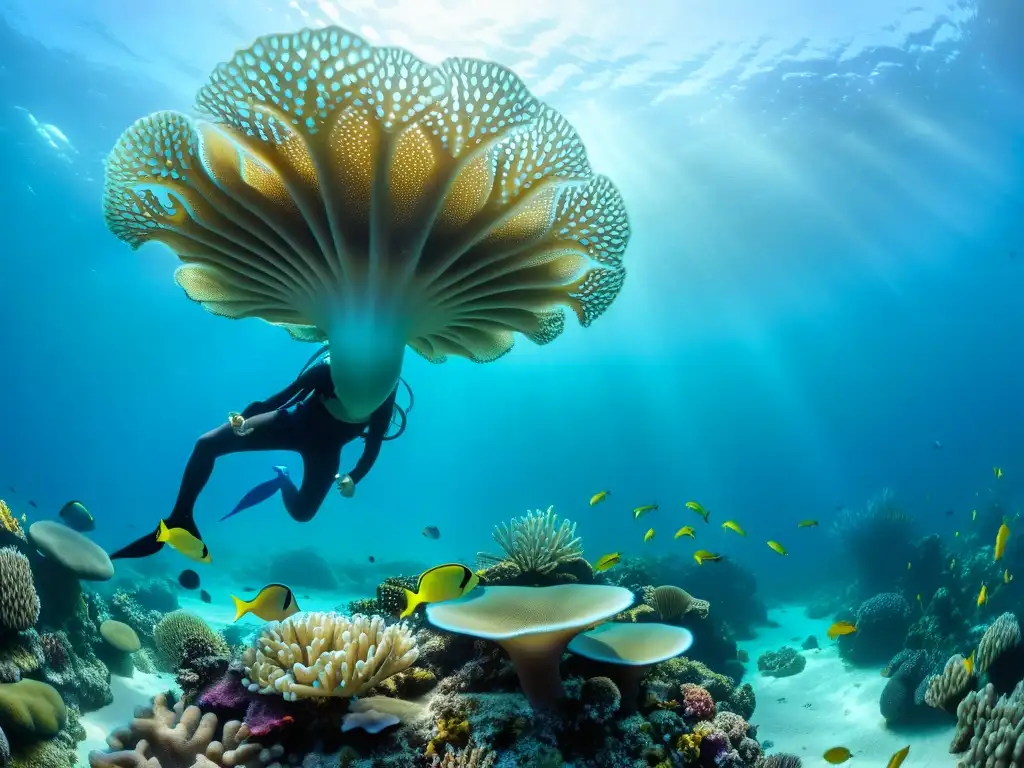 Exposiciones criaturas marinas legendarias en un arrecife de coral vibrante, junto a seres míticos en un escenario submarino cautivador