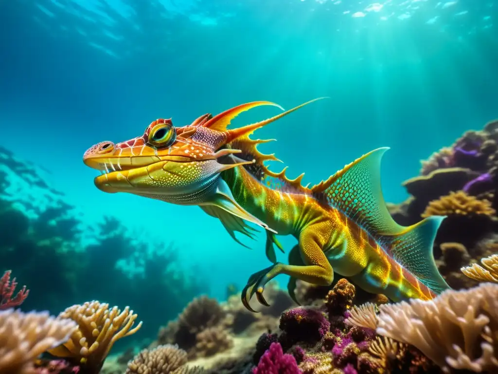 Exposiciones criaturas marinas legendarias: majestuoso dragón marino entre corales vibrantes en el fondo del océano