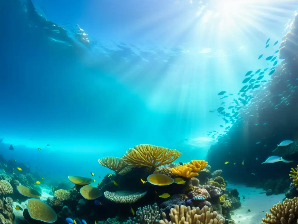 Exposiciones submarinos exploración oceánica: Una maravillosa barrera de coral llena de vida marina y colores, iluminada por la luz del sol