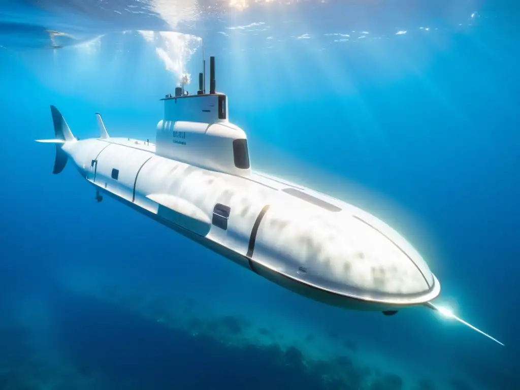 Exposiciones submarinos exploración oceánica: submarino futurista se desliza elegantemente por aguas cristalinas, iluminando vida marina vibrante