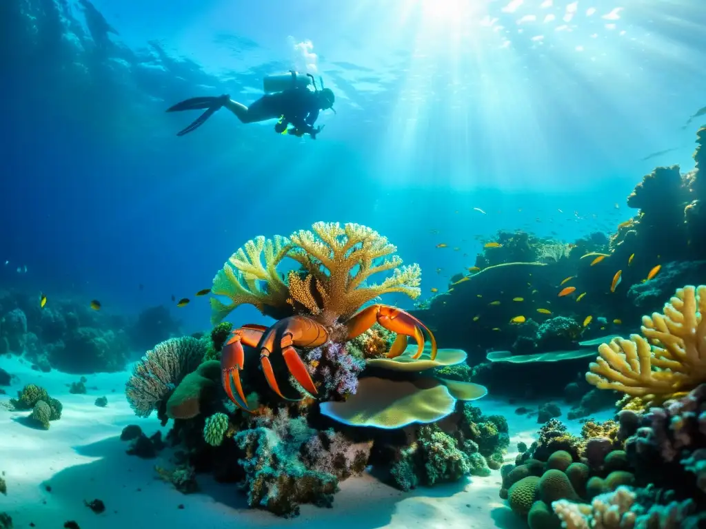 Exquisita escena submarina de un arrecife de coral vibrante, con mariscos de lujo entre corales