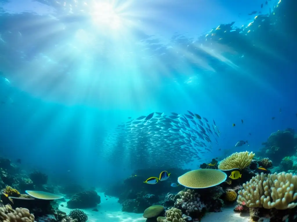 Un exuberante arrecife de coral, habitado por una escuela de plateados peces bajo la brillante luz del sol