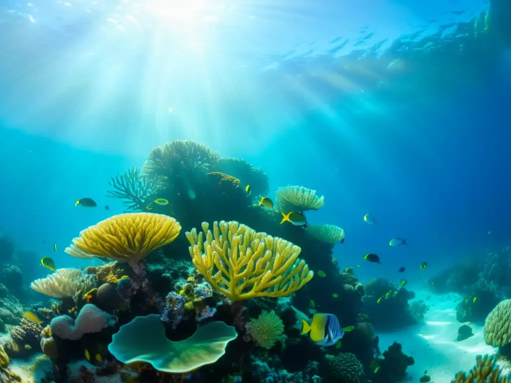 Un exuberante arrecife de coral, habitado por peces de colores y plantas marinas