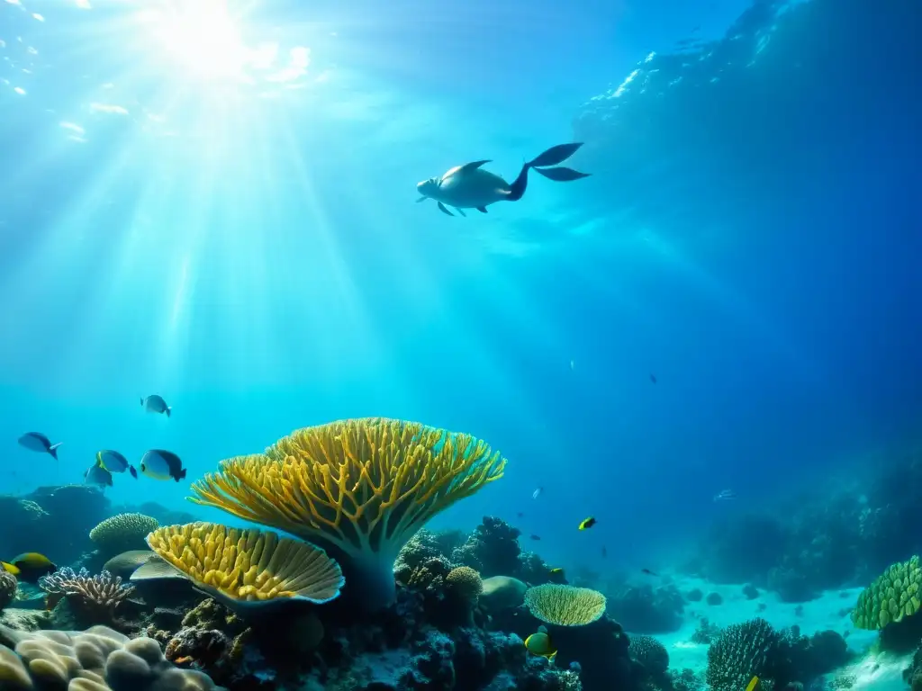 Un exuberante arrecife de coral con peces tropicales, tortugas marinas y rayas majestuosas en aguas cristalinas