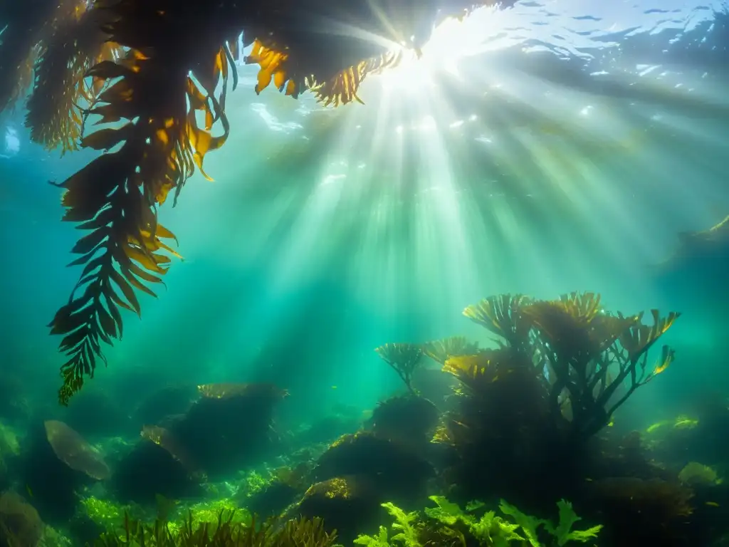 Un exuberante bosque de algas pardas bajo el agua, iluminado por el sol, con peces y vida marina