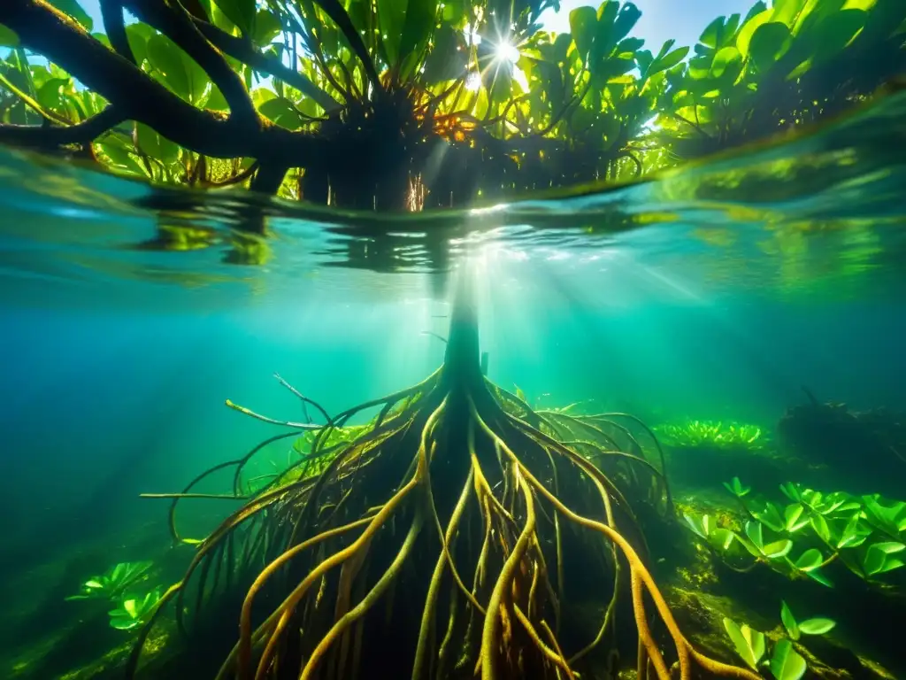 Un exuberante bosque de manglares bajo el agua con vida marina diversa